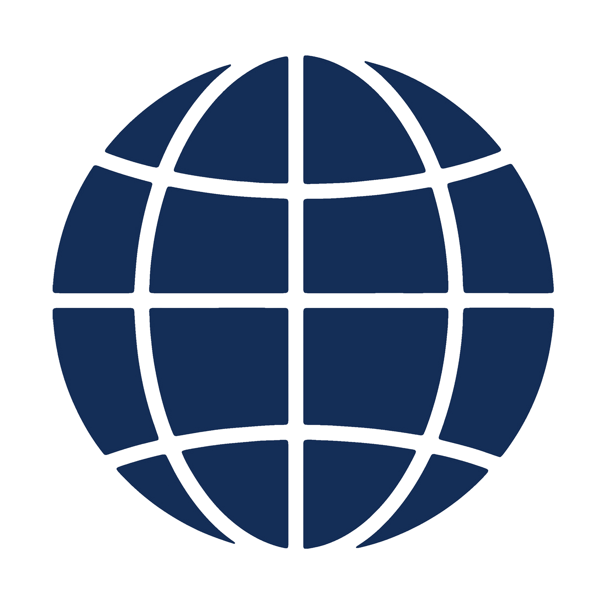 A dark blue icon of a globe with a grid of latitude and longitude lines.