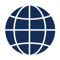 A dark blue icon of a globe with a grid of latitude and longitude lines.