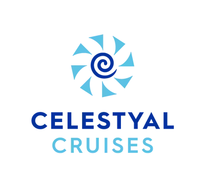 Logo for Celestyal Cruises featuring a blue spiral design surrounded by light blue triangle segments above the brand name.