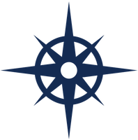 A dark blue, eight-pointed nautical star compass icon on a white background.