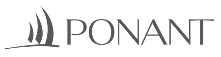 The logo for Ponant: a stylized gray icon of three curved, abstract sails, with the word 