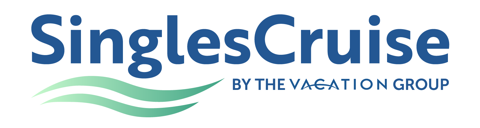 Logo for SinglesCruise by The Vacation Group, featuring blue text with a stylized green wave underneath.