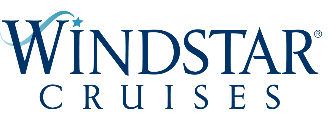 The Windstar Cruises logo with dark blue text and a stylized light blue swooping star graphic above the word Windstar.