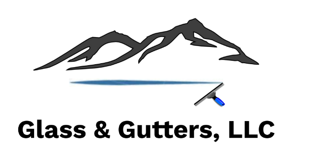 A logo for glass and gutters llc with a mountain and a blue arrow.