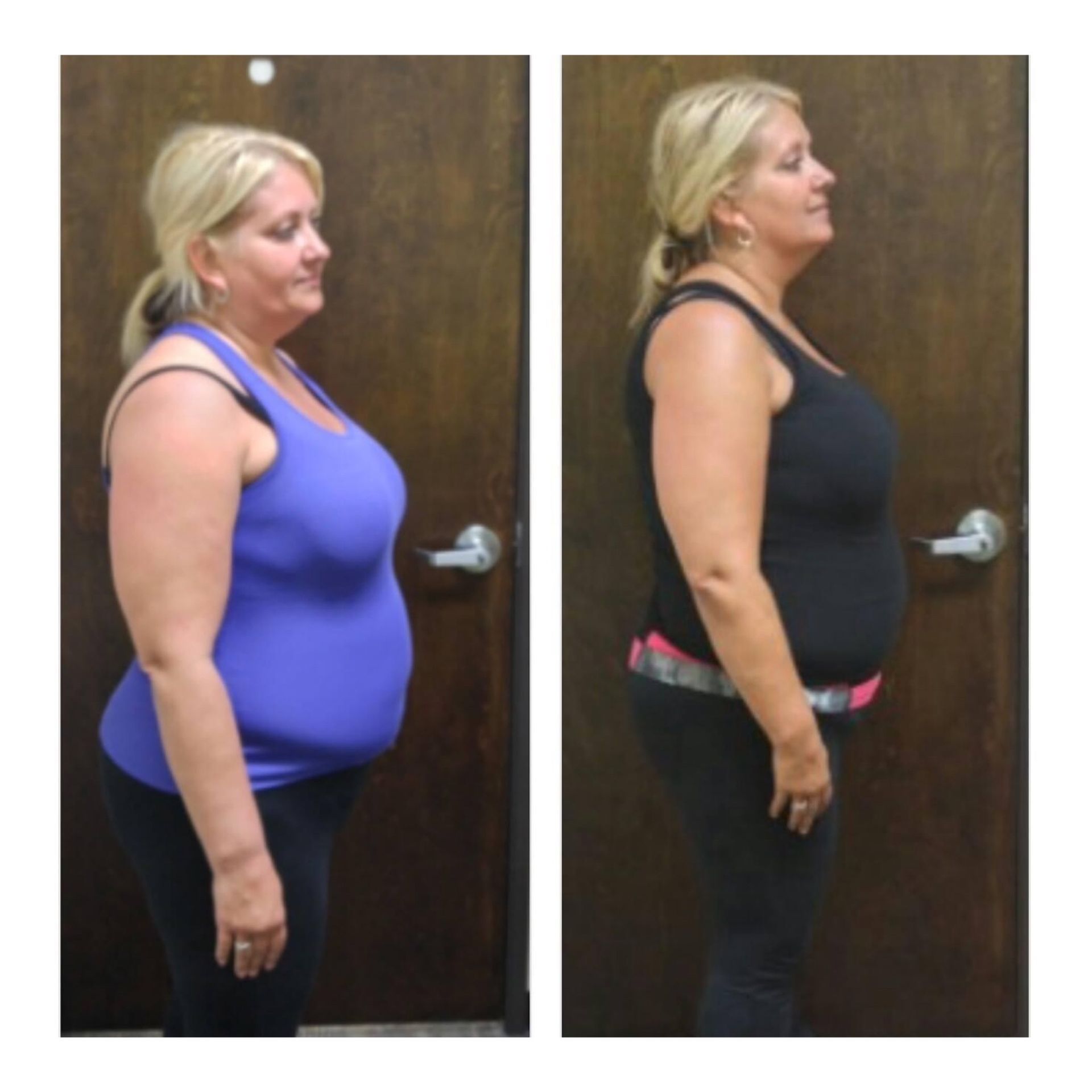 A before and after picture of a woman standing in front of a door showing the results of Training with Torrez Training .