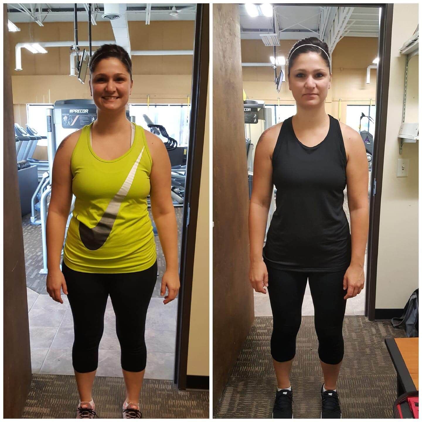 A before and after photo of a woman in a gym showing her results after training with Jerry Torrez.
