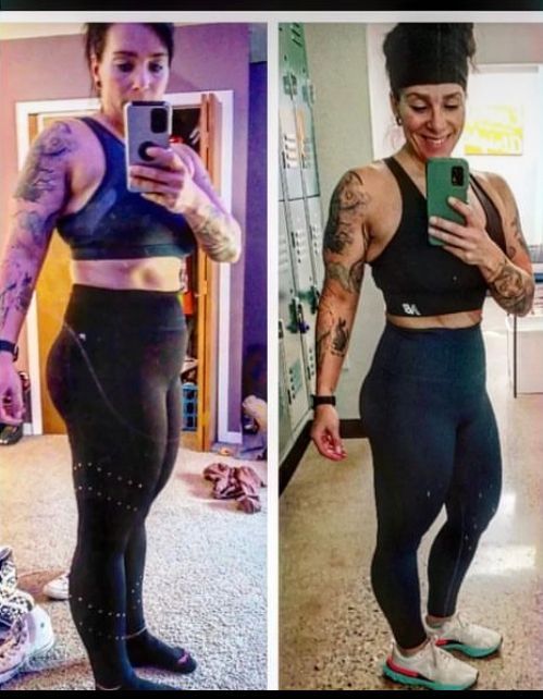 A before and after picture of a woman showing the results of Training with Torrez Training .