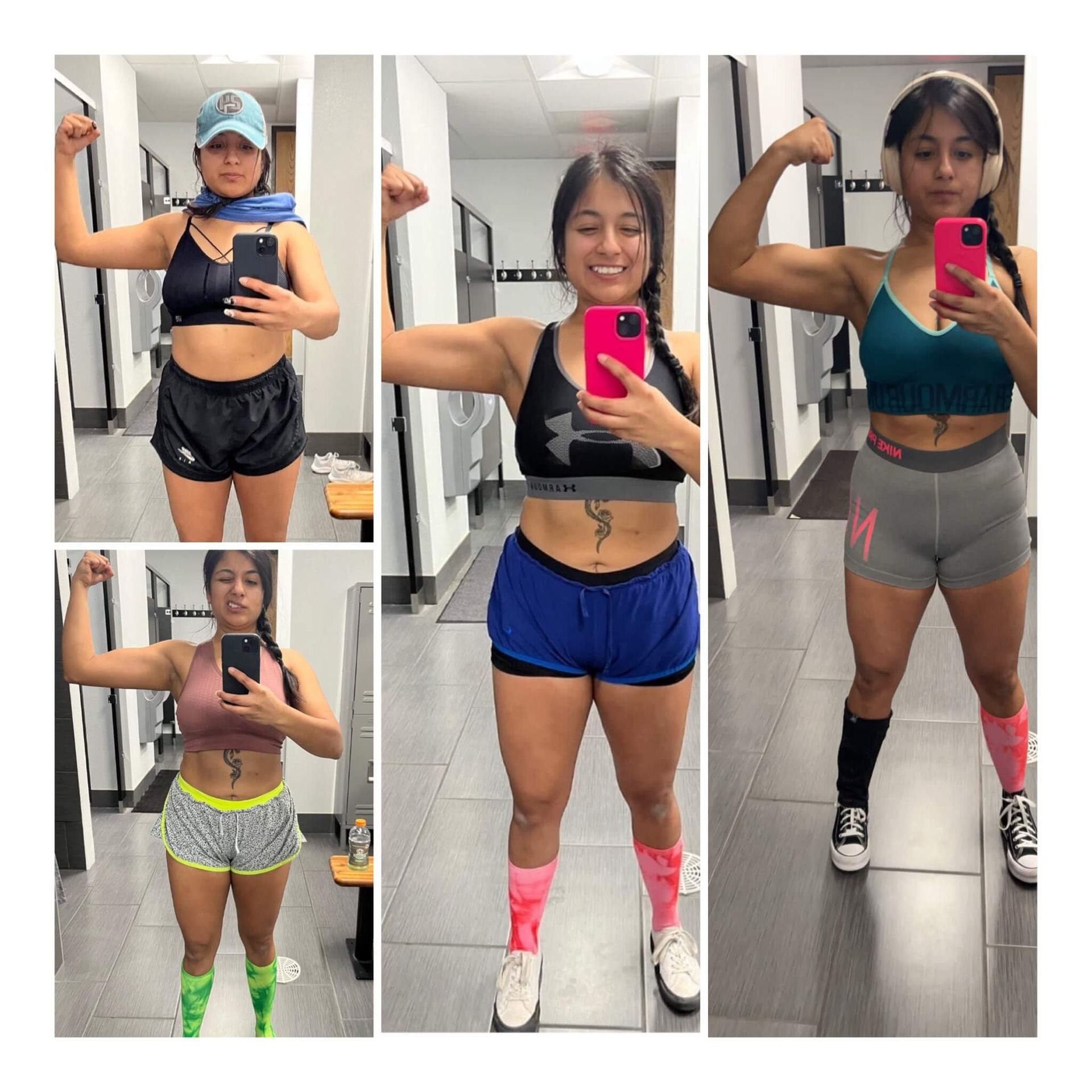 A woman is taking a picture of herself in a dressing room to compare herself before and after training with Jerry Torrez.