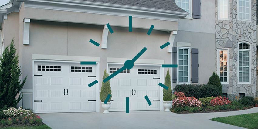 garage door with clock over it to represent limited lifespan for garage doors