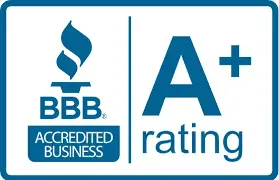 A blue and white bbb accredited business logo