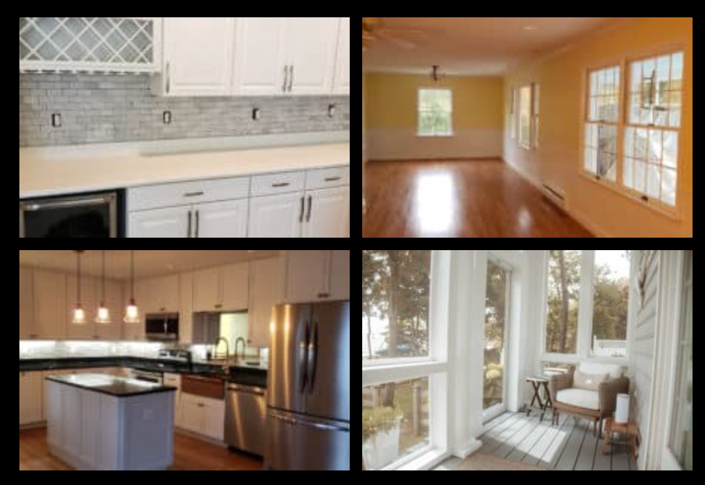 A collage of four pictures shows a kitchen a living room and a porch