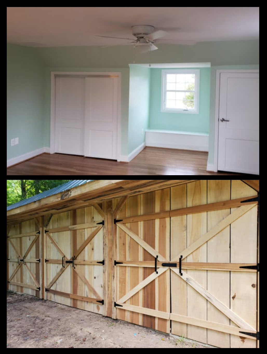 A before and after photo of a bedroom and a barn