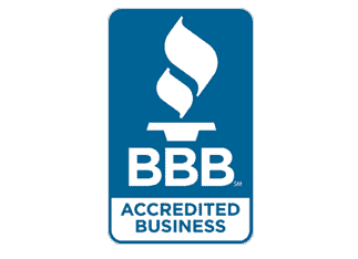 A blue and white bbb accredited business logo