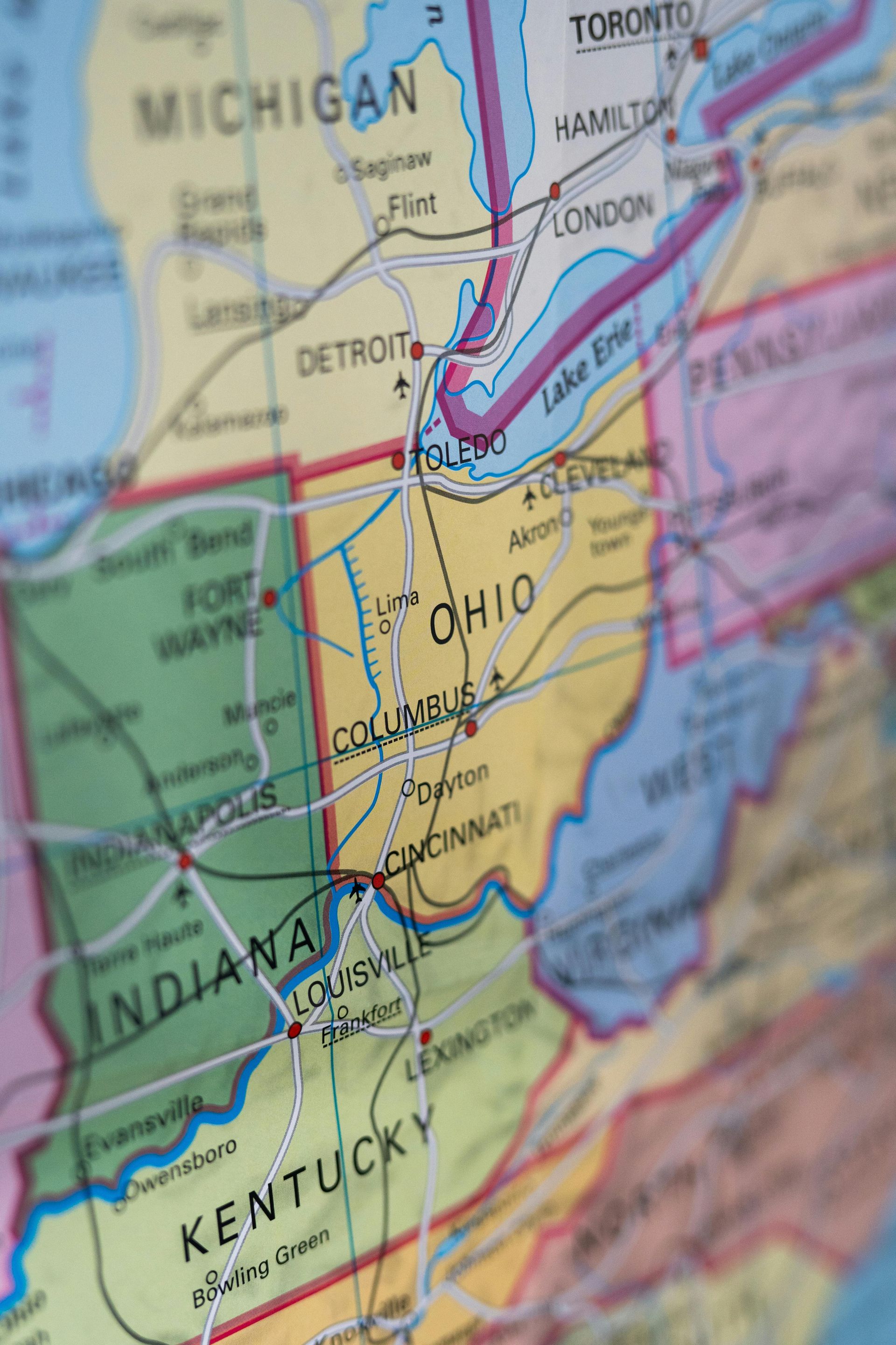 Map of Midwestern United States, highlighting Ohio, Indiana, Kentucky, Michigan, and surrounding areas.