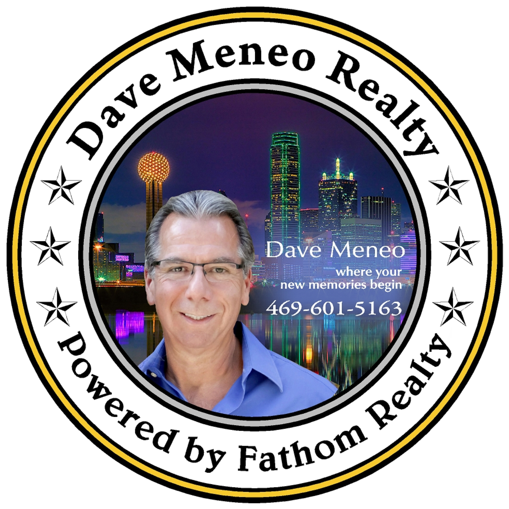 The logo for dave meneo realty is powered by fathom realty