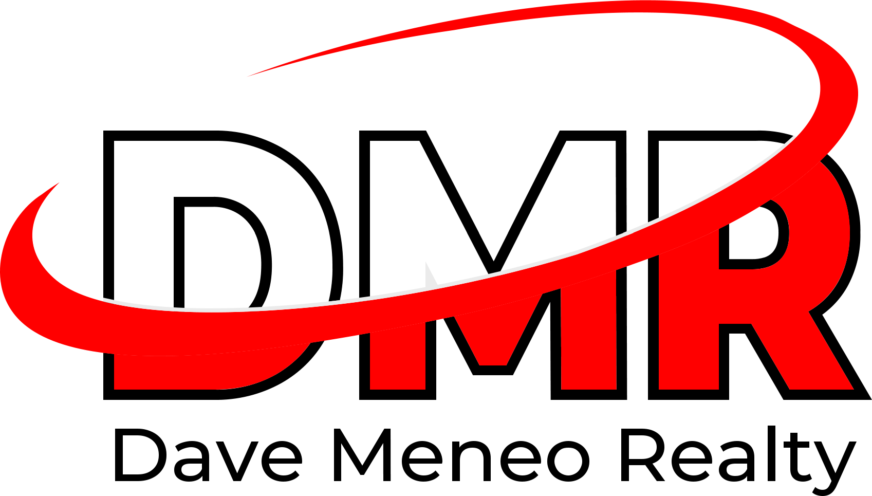 The logo for dave meneo realty is red and black.