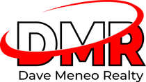 The logo for dave meneo realty is red and black.