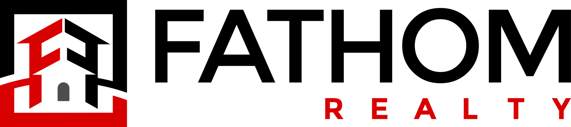 A logo for fathom realty with a house on it