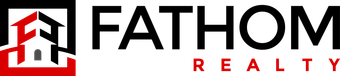 A logo for fathom realty with a house on it