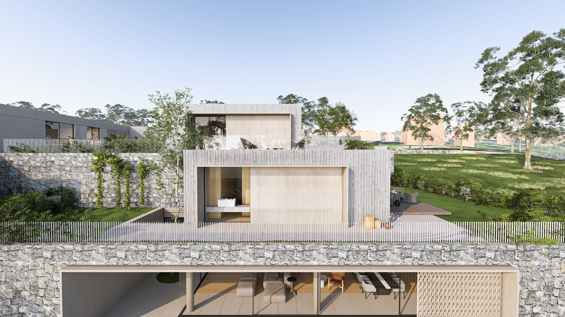 Edificio moderno, dai toni chiari, con base in pietra, dettagli in legno e uno spazio all'aperto con vista su un paesaggio verde.