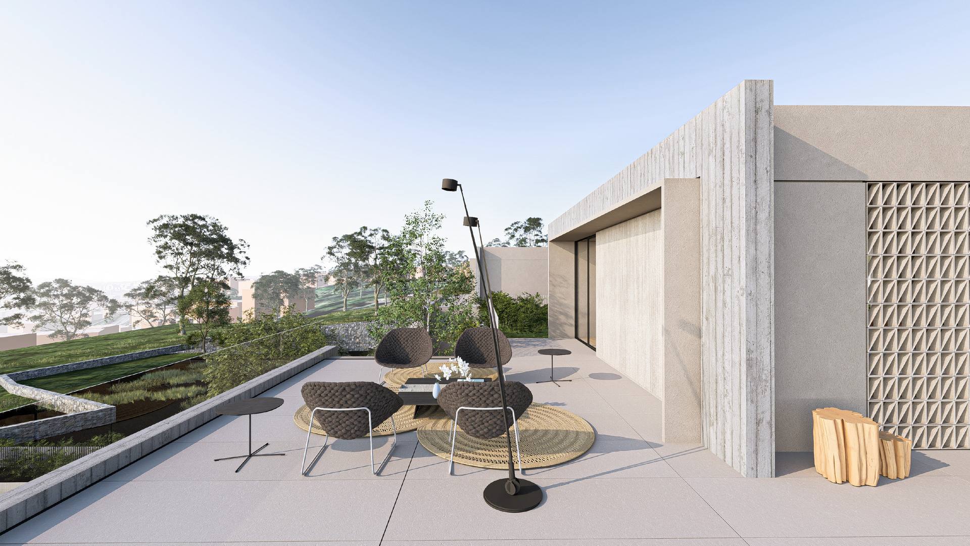 Patio sul tetto con posti a sedere, alberi e un edificio moderno con pareti strutturate, colori chiari e cielo.