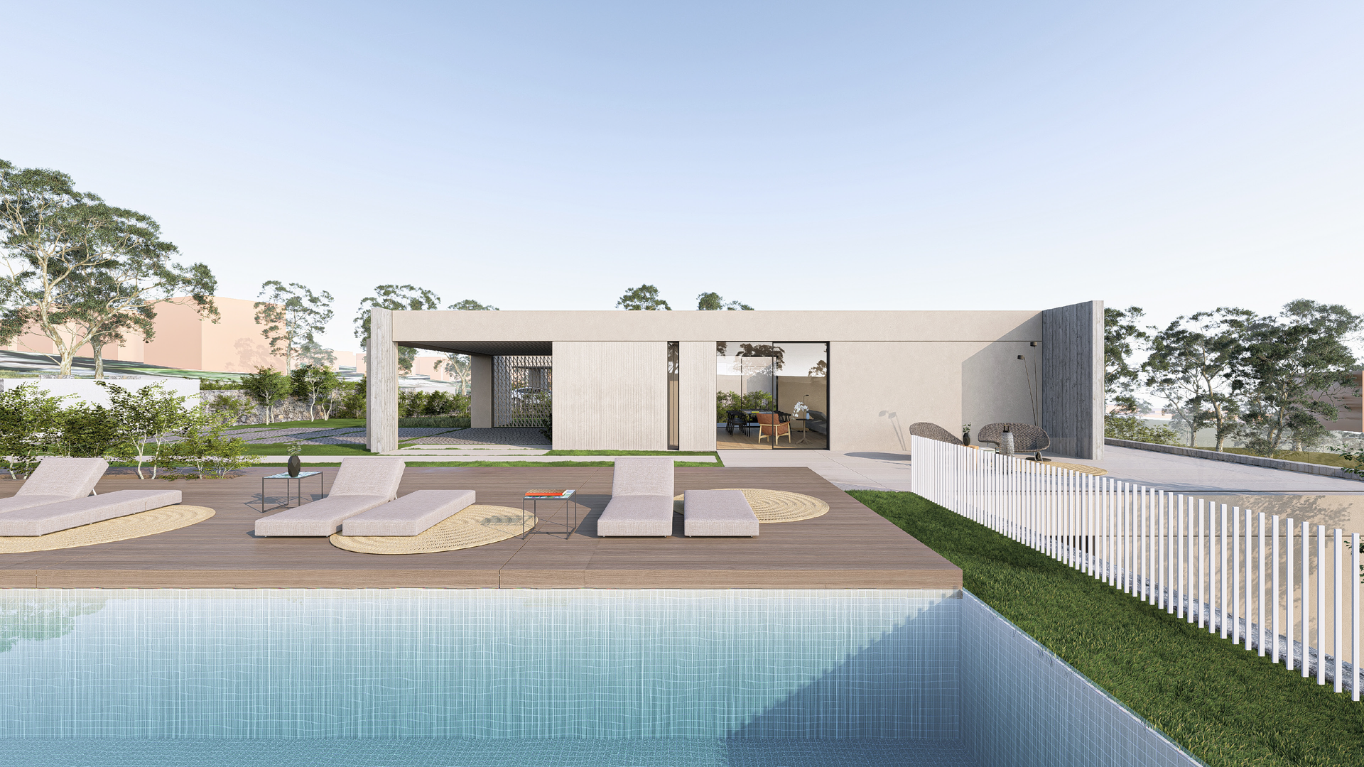 Casa moderna con piscina e terrazza, chaise longue e verde circostante.