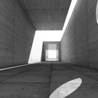 Betonflur mit hellem Licht am Ende. Geometrisches Design mit Schatten.