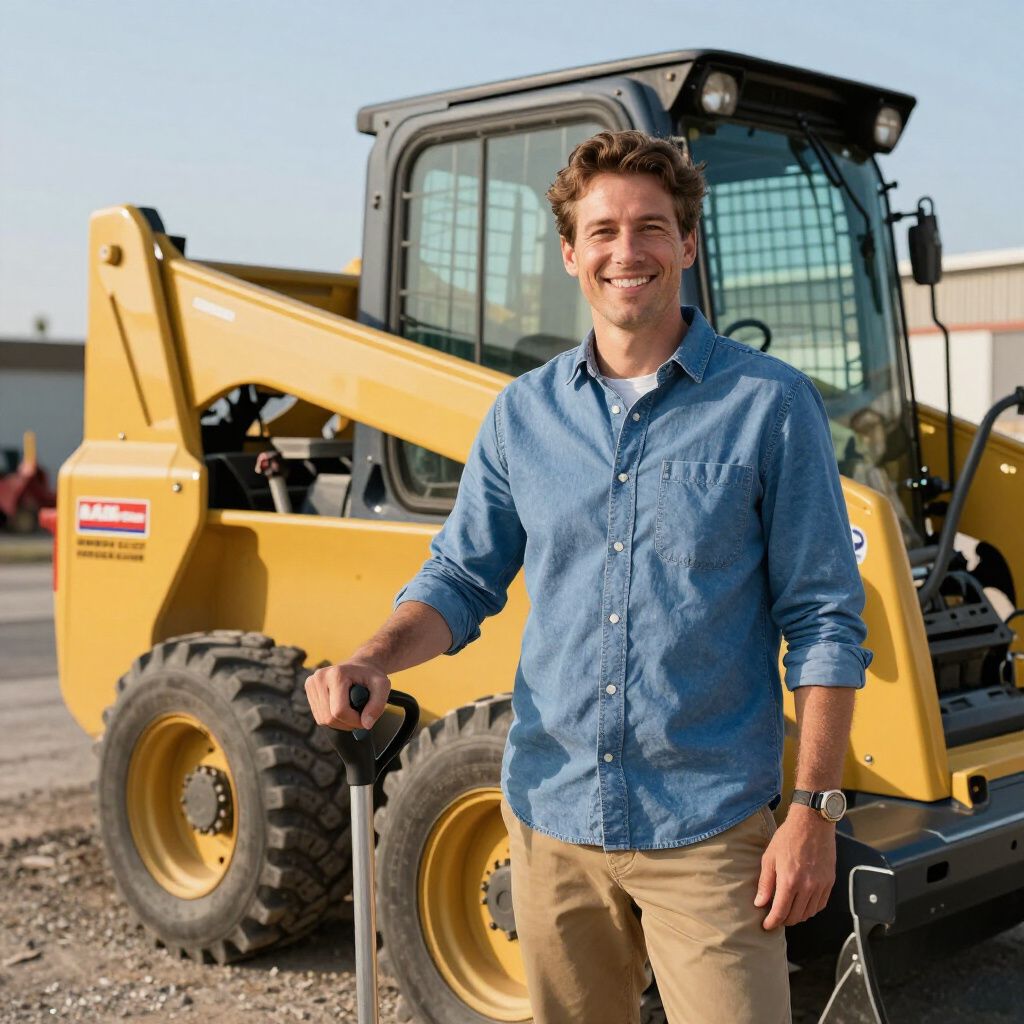 Man smiles, holding shovel, next to yellow skid steer loader outside.