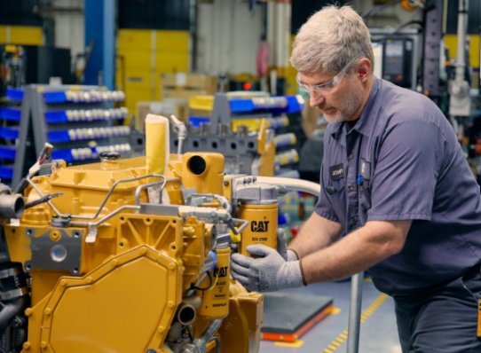 A man is working on a cat engine in a factory.