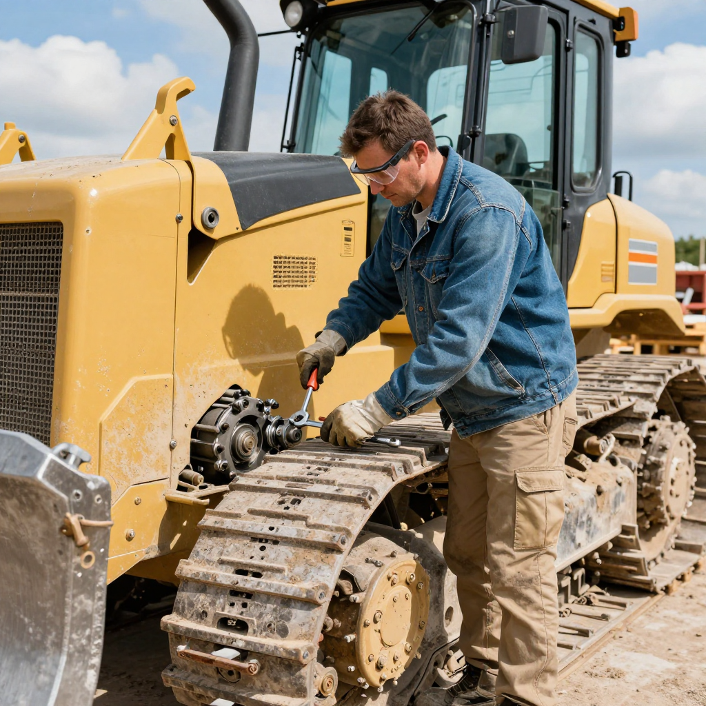 Man repairing a yellow bulldozer track with a wrench outdoors, wearing safety glasses and work gloves.