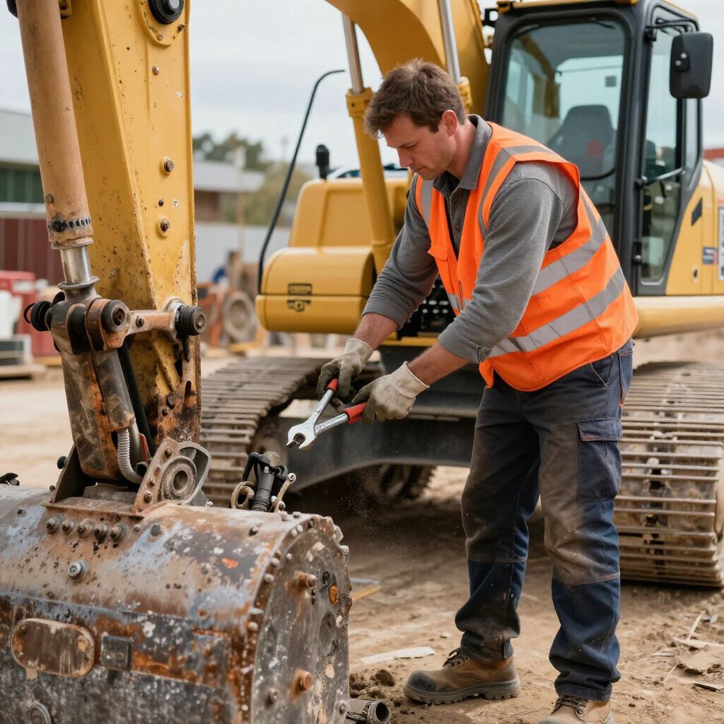 Construction worker in orange vest repairs excavator bucket with wrench.