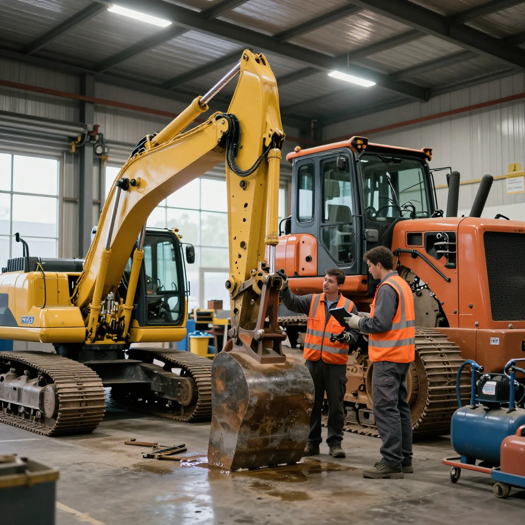 Two men in safety vests examine a yellow excavator in a repair shop.