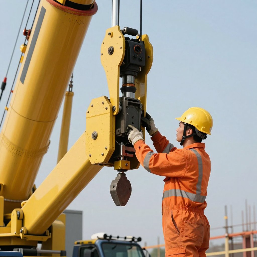 Construction worker in orange jumpsuit and yellow hard hat inspecting a yellow crane, outdoors.