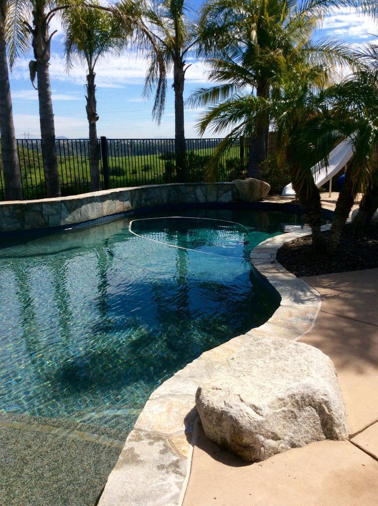 A large swimming pool surrounded by palm trees on a sunny day