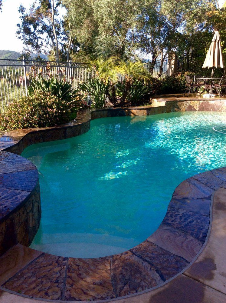 A large swimming pool surrounded by trees and bushes