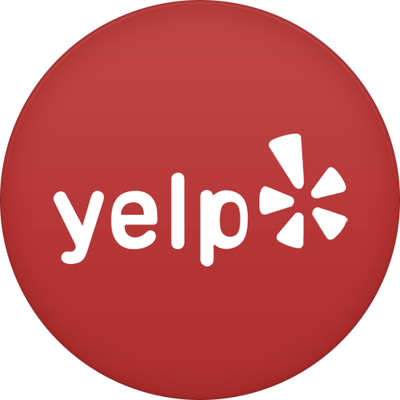 A yelp logo in a red circle