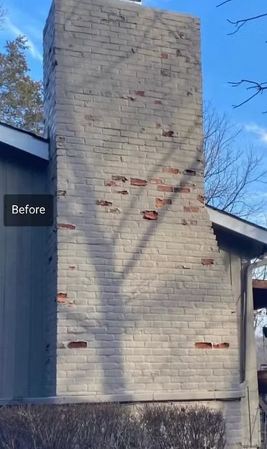 A before and after picture of a brick chimney on a house. A before and after picture of a brick chimney on a house.