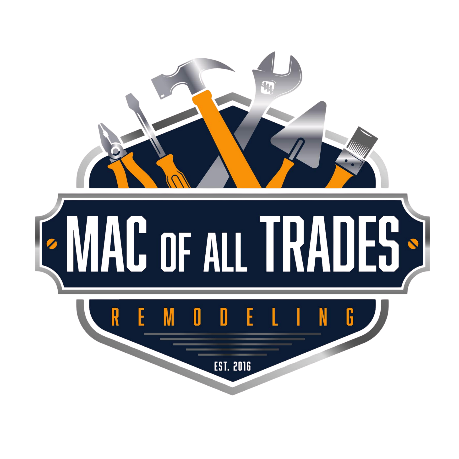Logo for Mac of All Trades Remodeling, featuring a blue shield, various construction tools, and text in orange and white.