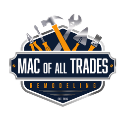 Logo for Mac of All Trades Remodeling, featuring a blue shield, various construction tools, and text in orange and white.