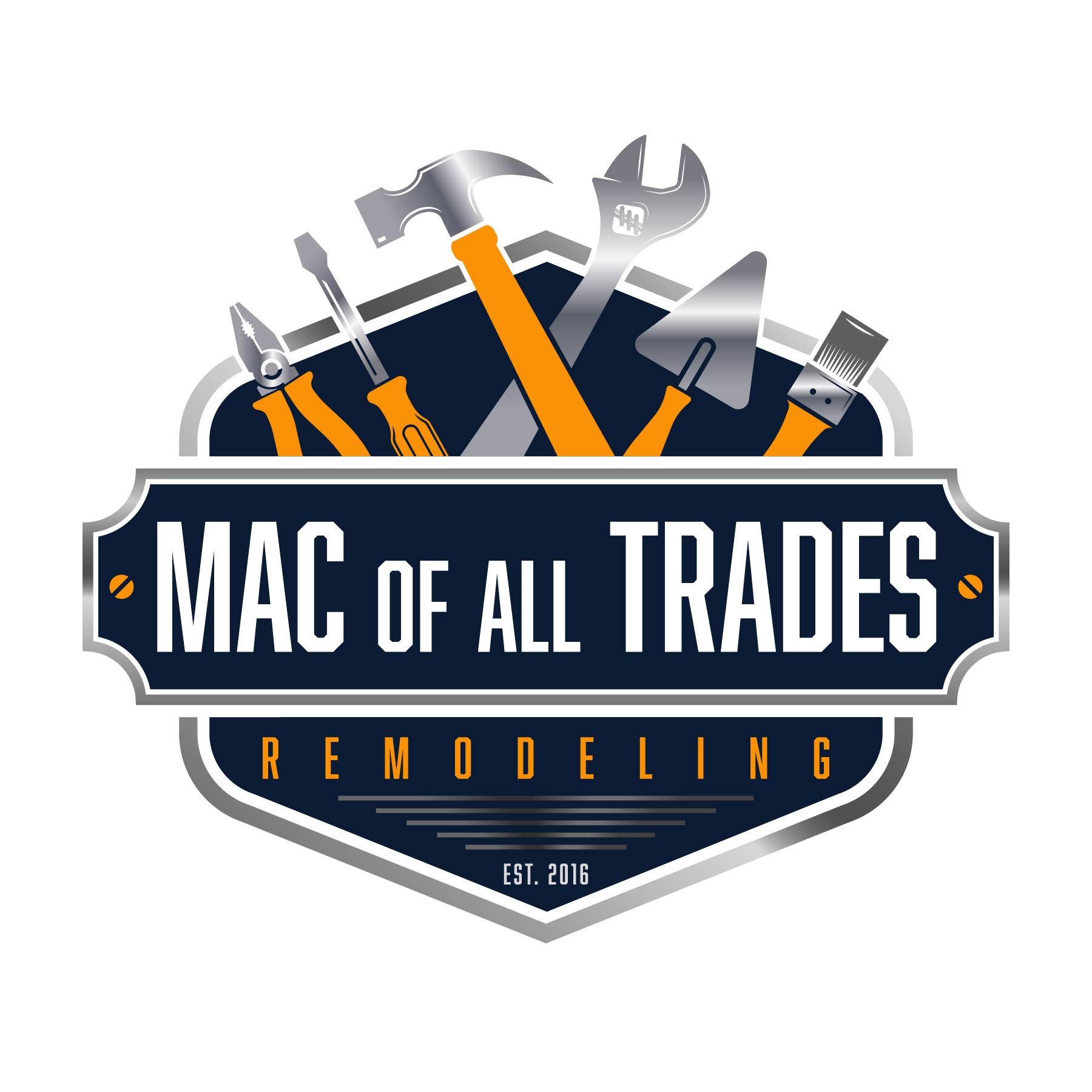 Logo for Mac of All Trades Remodeling featuring various construction tools over a dark blue shield and 