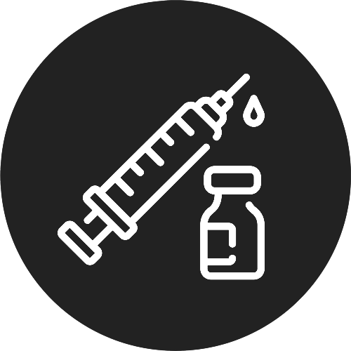 A syringe and a bottle of liquid are in a grey circle.