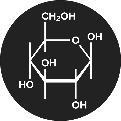 The chemical structure of glucose is shown in a grey circle.