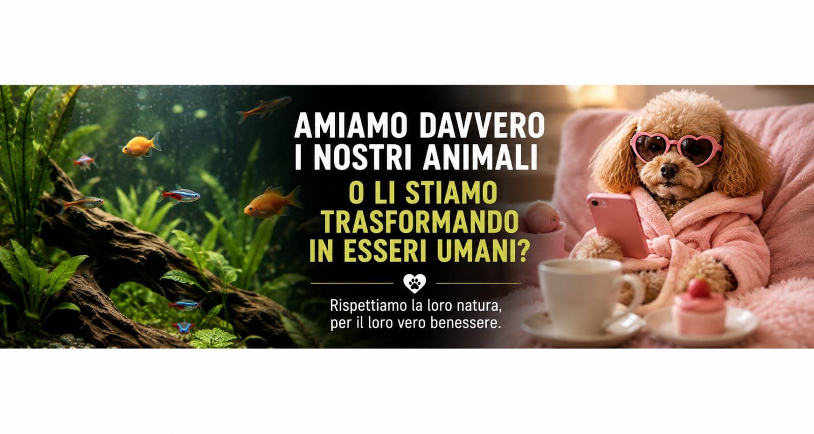 Cane e gatto insieme: riflessione sul rapporto tra uomo e animali e sull'umanizzazione degli animali domestici.