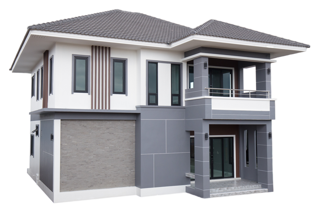 A white and gray house with a gray roof on a white background.