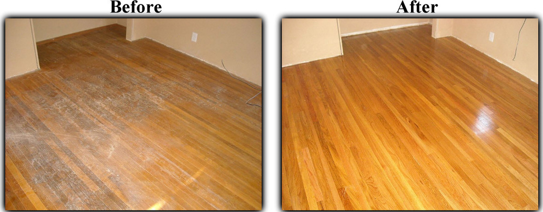 A before and after picture of a wooden deck.