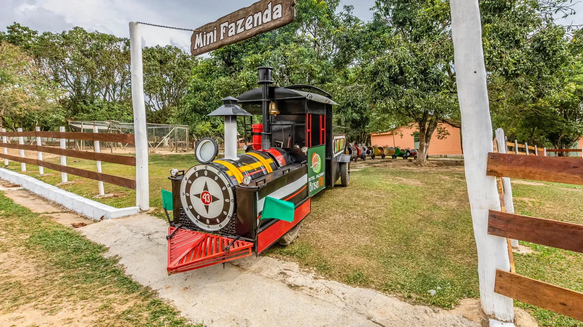 um pequeno trem está estacionado na grama próximo a uma cerca de madeira.