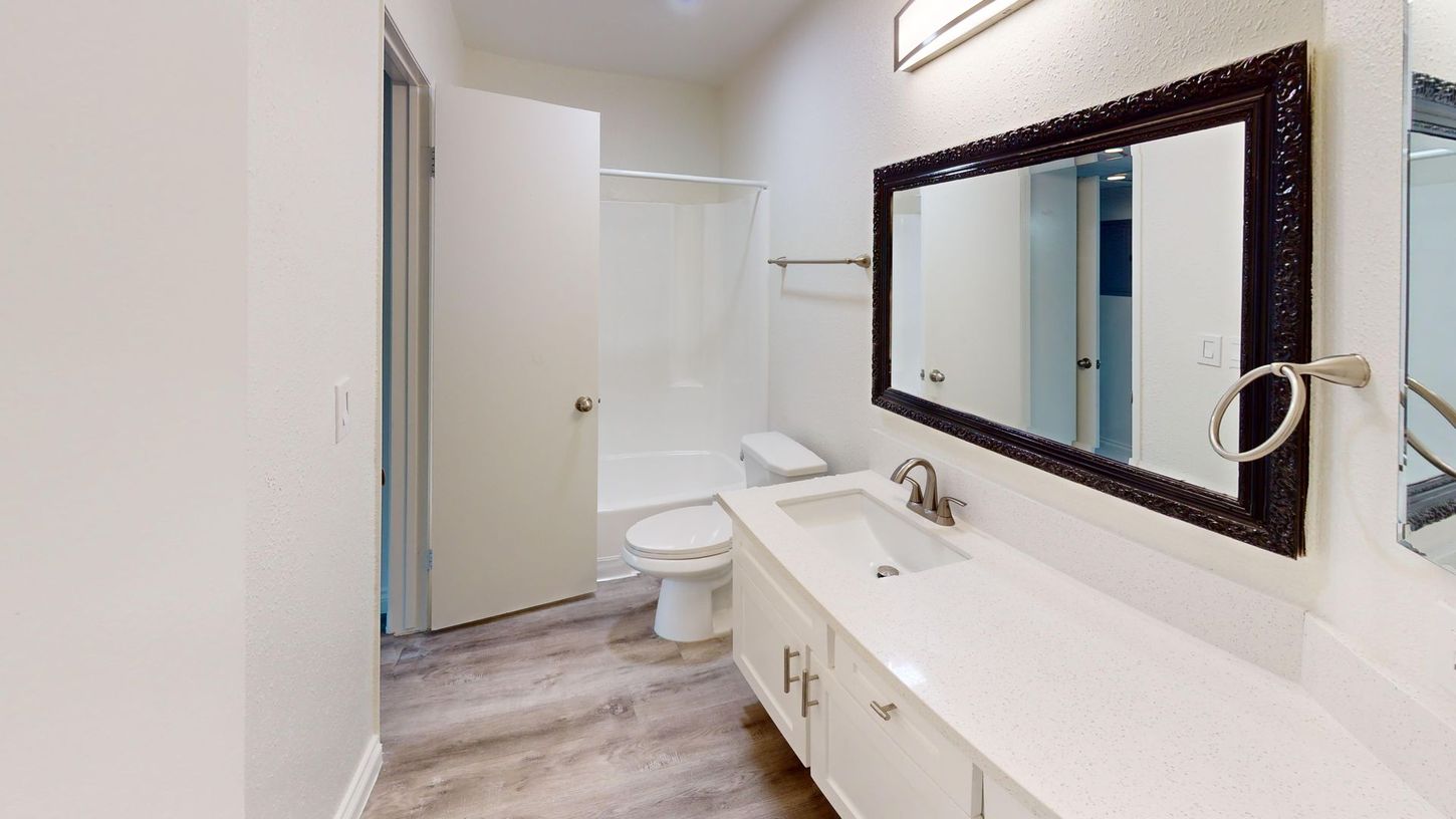 Bathroom with white vanity, large mirror, and shower stall.