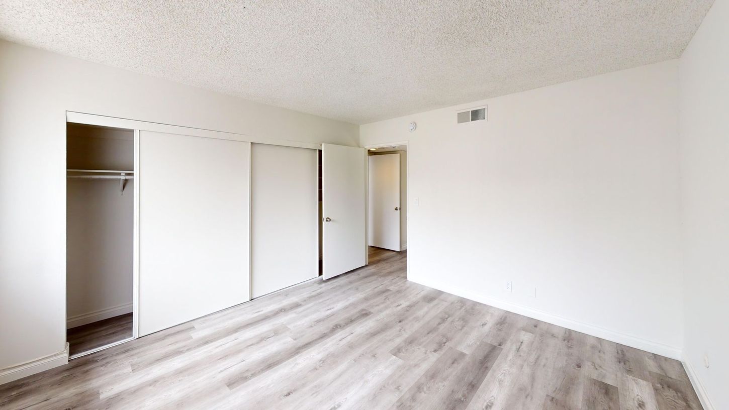 Empty bedroom with closet, wood-look flooring, white walls, and a door to another room.