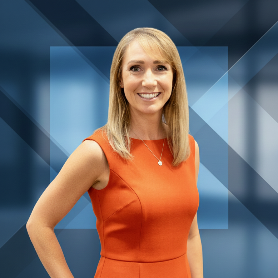 Woman with blonde hair waving, smiling, set against a blue and white background.