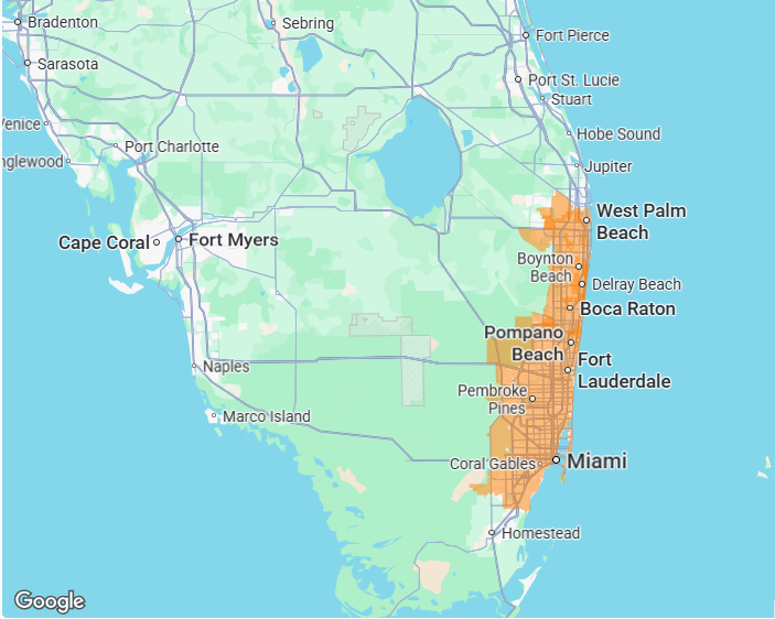 A map of southern Florida, highlighting the Miami, Fort Lauderdale, and West Palm Beach urban corridor in orange.